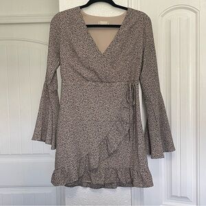Altar'd State Dress Small Animal Print Mini Wrap Bell Sleeves Tan Polyester